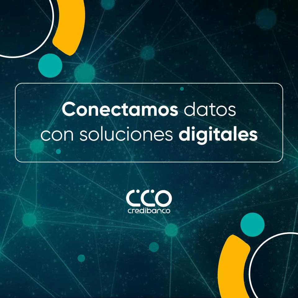 Banner de Open Finance con el mensaje ‘Conectamos datos con soluciones digitales’ y logotipo de CrediBanco sobre fondo tecnológico.