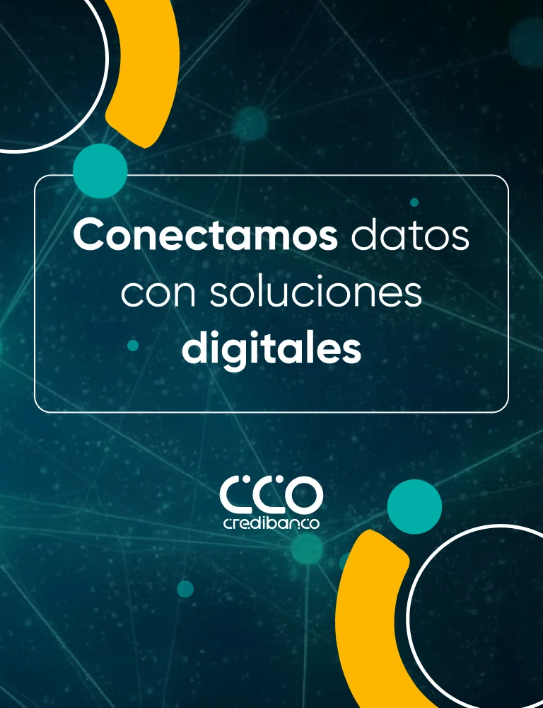 Banner de Open Finance con el mensaje ‘Conectamos datos con soluciones digitales’ y logotipo de CrediBanco sobre fondo tecnológico.