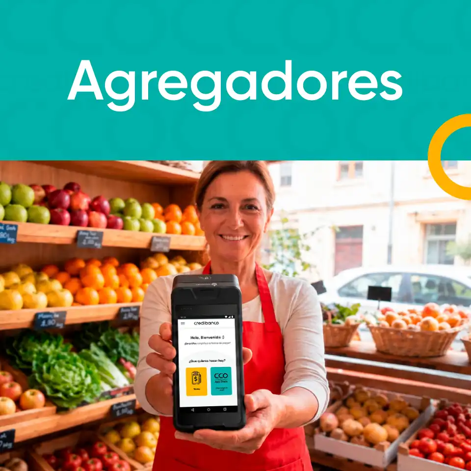 Comerciante sonriente en una tienda de frutas y verduras, sosteniendo una terminal de pago móvil frente a la cámara. En la parte superior de la imagen aparece el texto ‘Agregadores’ sobre un fondo turquesa.