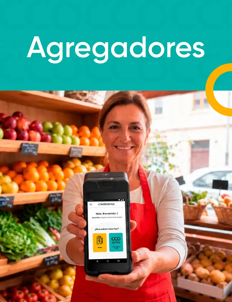 Comerciante sonriente en una tienda de frutas y verduras, sosteniendo una terminal de pago móvil frente a la cámara. En la parte superior de la imagen aparece el texto ‘Agregadores’ sobre un fondo turquesa.