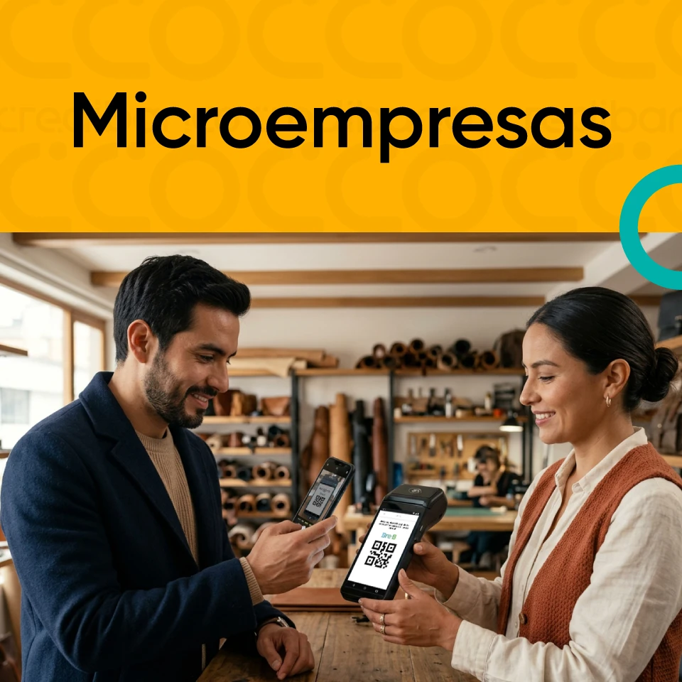 Banner de Microempresas con un hombre y una mujer realizando un pago mediante dispositivos móviles en un pequeño negocio.
