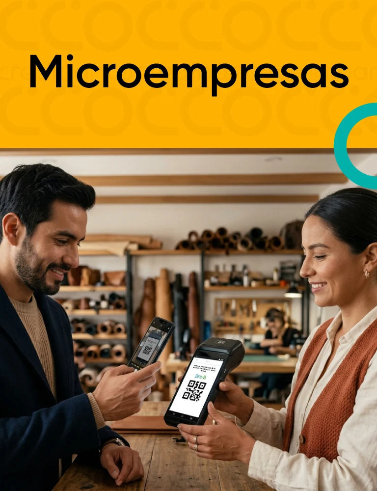 Banner de Microempresas con un hombre y una mujer realizando un pago mediante dispositivos móviles en un pequeño negocio.