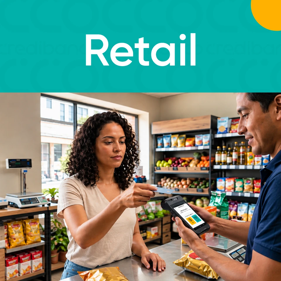 Banner de Retail donde una clienta entrega una tarjeta a un vendedor, quien utiliza una terminal de pago en una tienda de alimentos. Al fondo se observan estanterías con frutas, verduras y productos empacados.
