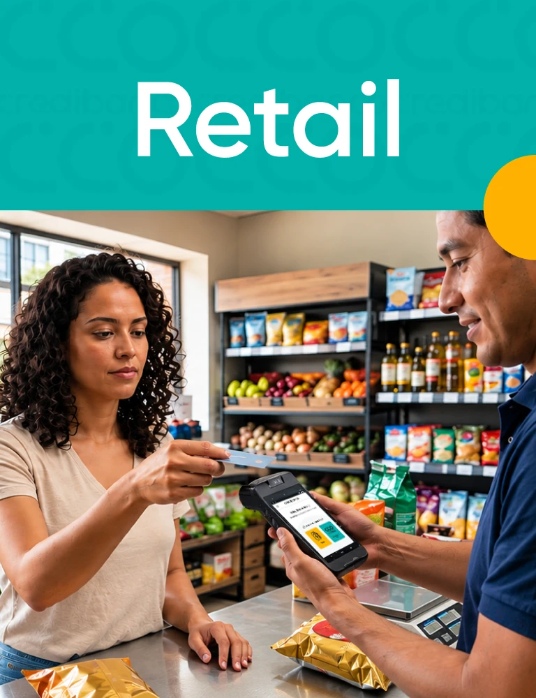 Banner de Retail donde una clienta entrega una tarjeta a un vendedor, quien utiliza una terminal de pago en una tienda de alimentos. Al fondo se observan estanterías con frutas, verduras y productos empacados.