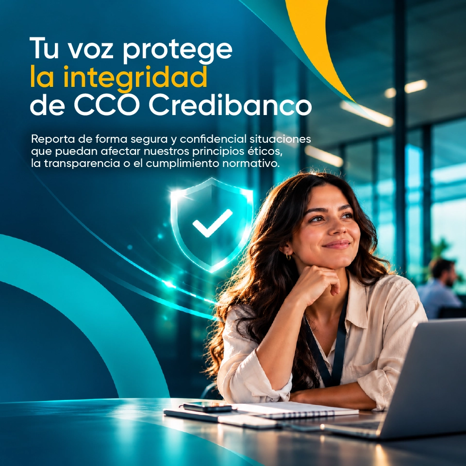Banner de CCO Credibanco que promueve la denuncia segura y confidencial de situaciones que afecten los principios éticos, la transparencia y el cumplimiento normativo. Muestra a una mujer en una oficina junto a un escudo con un símbolo de verificación. Incluye los botones «Continuar al formulario» y «Consultar guía completa del Canal de Denuncias».