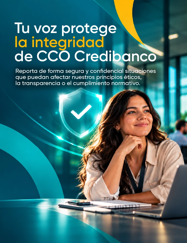 Banner de CCO Credibanco que promueve la denuncia segura y confidencial de situaciones que afecten los principios éticos, la transparencia y el cumplimiento normativo. Muestra a una mujer en una oficina junto a un escudo con un símbolo de verificación. Incluye los botones «Continuar al formulario» y «Consultar guía completa del Canal de Denuncias».