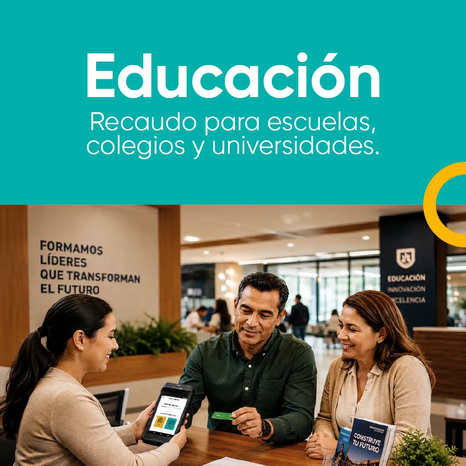 Banner promocional de Credibanco para el sector educativo. En la parte superior aparece el texto ‘Educación: Recaudo para escuelas, colegios y universidades’. En la imagen inferior, tres personas están reunidas en una institución educativa mientras una mujer sostiene un dispositivo de pago electrónico y un hombre muestra una tarjeta bancaria. Al fondo se observa un ambiente moderno de universidad o colegio con el mensaje ‘Formamos líderes que transforman el futuro’.