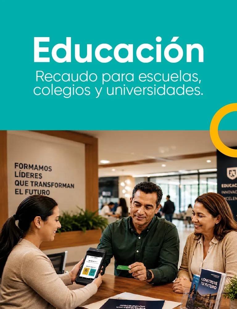 Banner promocional de Credibanco para el sector educativo. En la parte superior aparece el texto ‘Educación: Recaudo para escuelas, colegios y universidades’. En la imagen inferior, tres personas están reunidas en una institución educativa mientras una mujer sostiene un dispositivo de pago electrónico y un hombre muestra una tarjeta bancaria. Al fondo se observa un ambiente moderno de universidad o colegio con el mensaje ‘Formamos líderes que transforman el futuro’.