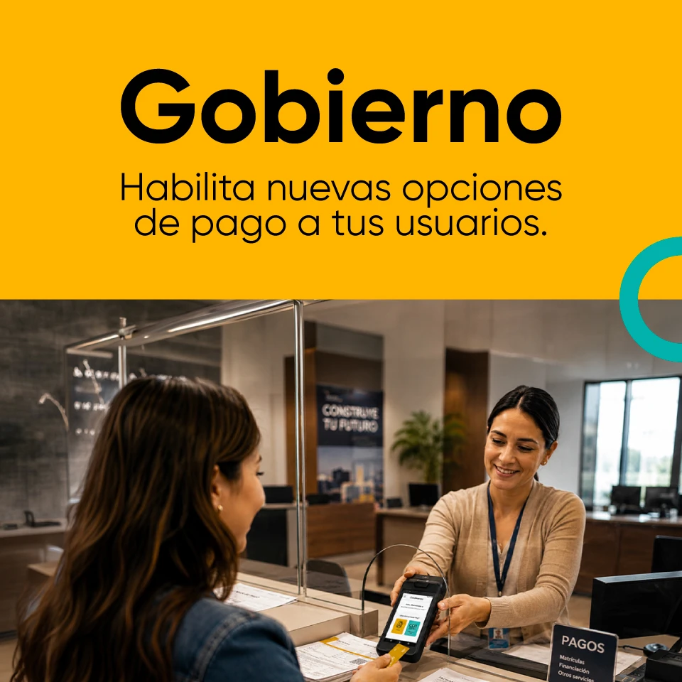 Banner promocional de Credibanco para entidades gubernamentales. En la parte superior aparece el texto ‘Gobierno: Habilita nuevas opciones de pago a tus usuarios’. En la imagen inferior, una funcionaria atiende a una ciudadana a través de una ventanilla y le muestra un datáfono para realizar un pago electrónico. El entorno luce como una oficina moderna de atención al público.
