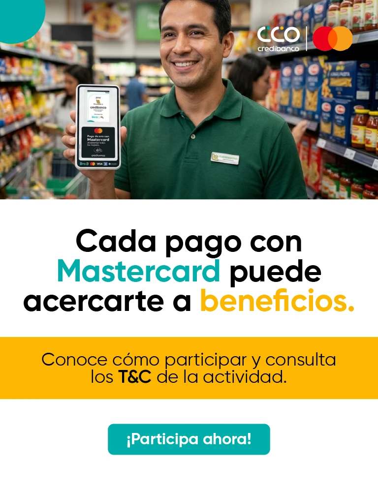 Banner de Credibanco y Mastercard con un comerciante sosteniendo un datáfono y el mensaje: "Cada pago con Mastercard puede acercarte a beneficios". Incluye un botón "¡Participa ahora!".