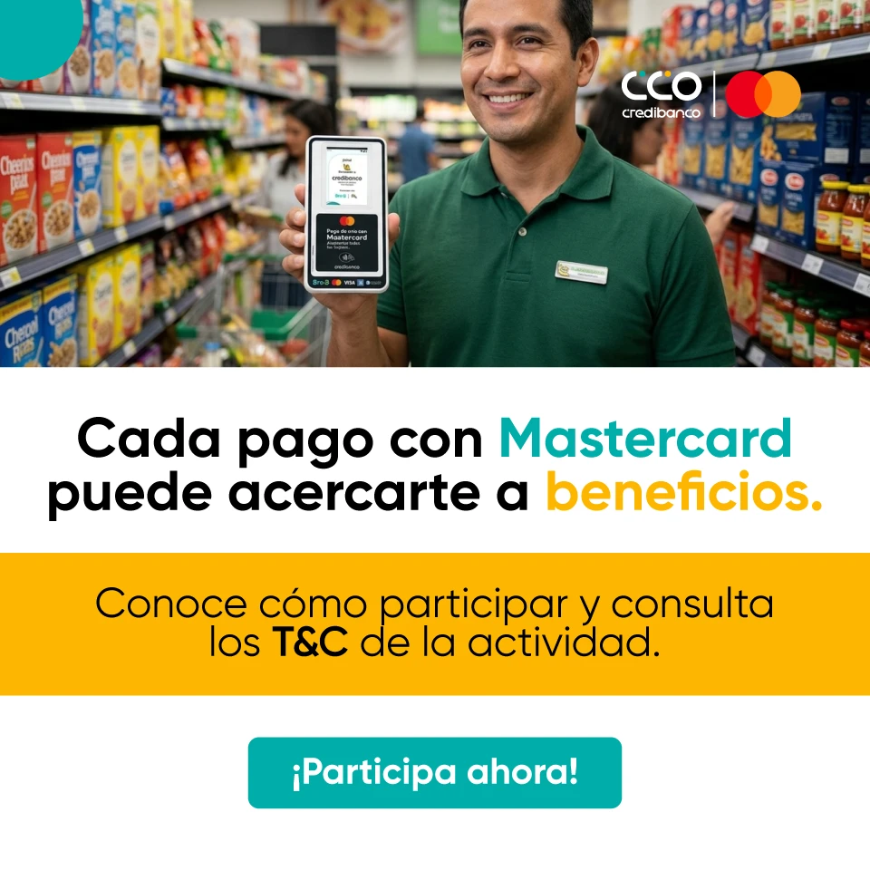 Banner promocional de BBVA y CCO Credibanco que invita a los comercios a incentivar pagos con tarjeta BBVA en datáfonos Credibanco para participar por premios como un televisor de 65 pulgadas y una barra de sonido. A la derecha se ve una persona realizando un pago contactless en un datáfono.