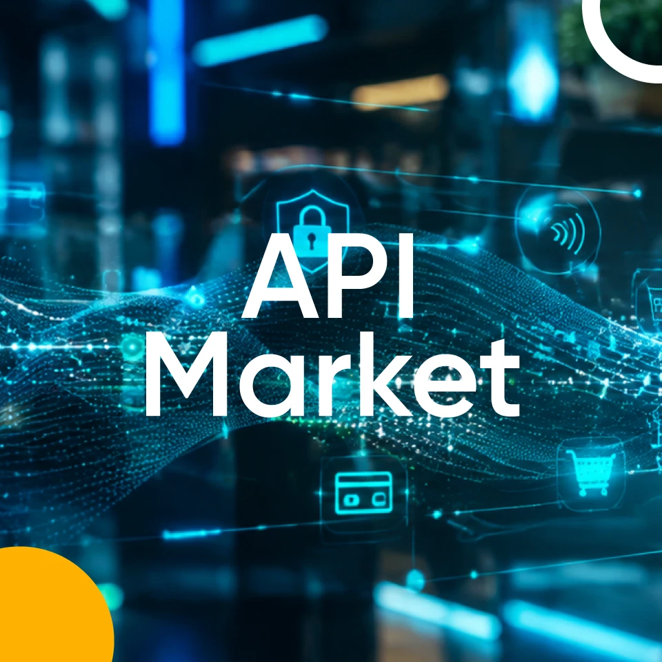 Ilustración tecnológica en tonos azul y turquesa con elementos digitales de seguridad, como un candado y un símbolo de pago, sobre una red de datos. En el centro aparece el texto grande ‘API Market’.