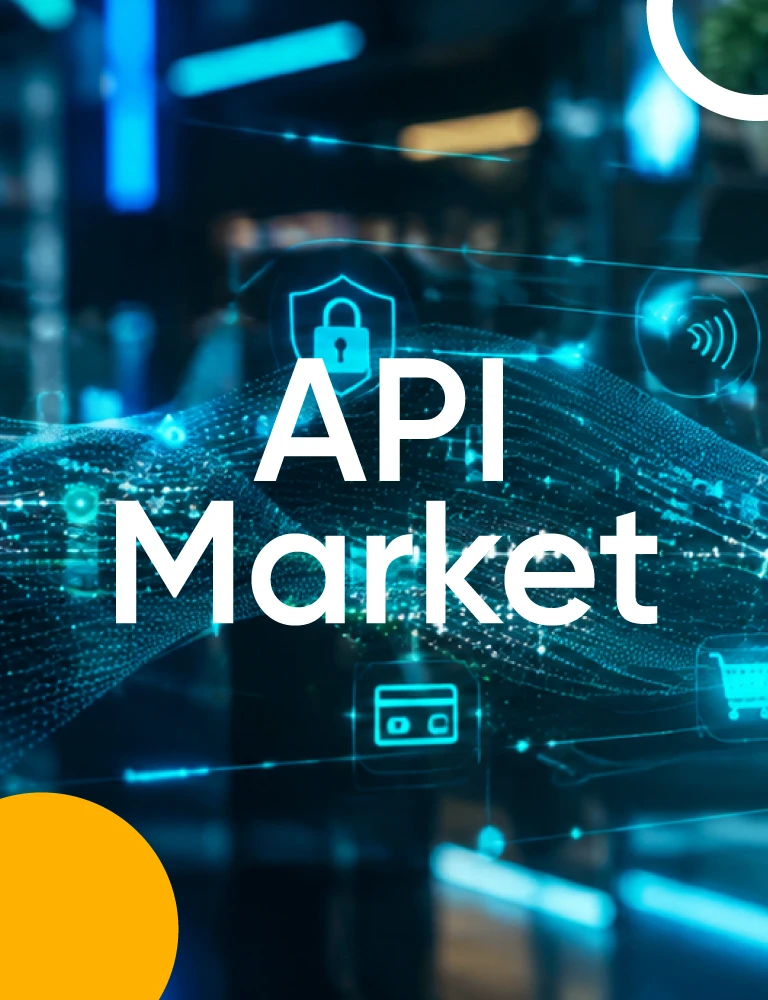 Ilustración tecnológica en tonos azul y turquesa con elementos digitales de seguridad, como un candado y un símbolo de pago, sobre una red de datos. En el centro aparece el texto grande ‘API Market’.
