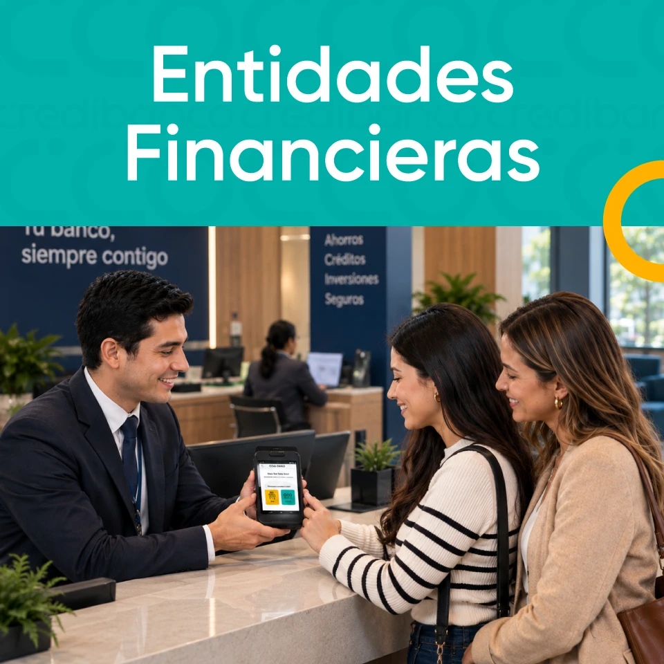 Banner de Entidades Financieras con asesor atendiendo a dos mujeres en una oficina bancaria y mostrando un datáfono.