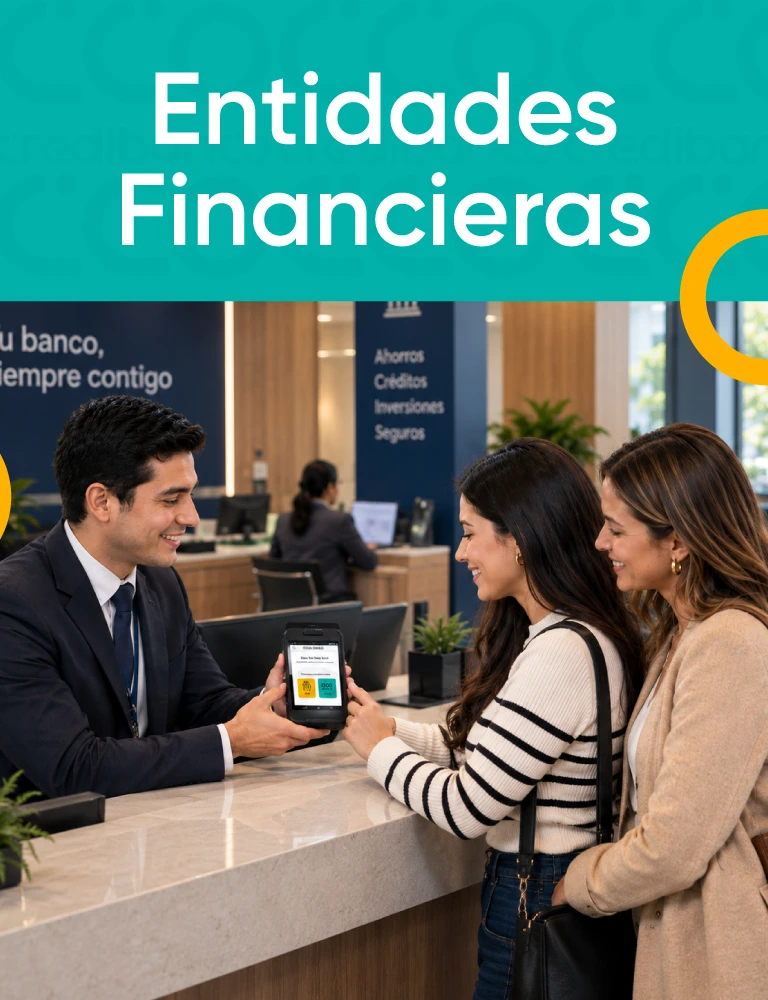 Banner de Entidades Financieras con asesor atendiendo a dos mujeres en una oficina bancaria y mostrando un datáfono.